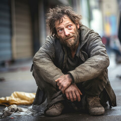 A homeless beggar man sitting outdoors in city asking for money donation. Generative Ai