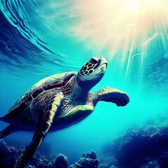 Naklejka na ściany i meble Swimming with sea turtles in tropical reef