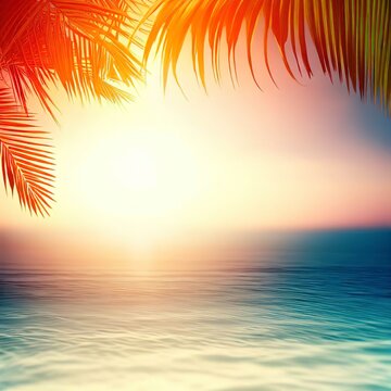 summer sea with leaves palm at sunset and copy space, sky relaxing concept, beautiful tropical background for travel landscape
