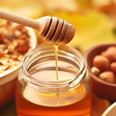 Wooden spoon inside a jar of honey with nuts and a bowl of cereal on autumn leaves blurry background