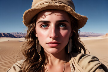 captivating close-up of a beautiful young girl with blue eyes, donning desert attire, amidst the serene beauty of the sandy landscape