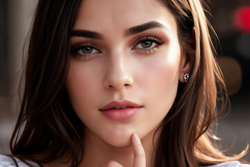 A close-up image showcases the stunning beauty and undeniable glamour of a young woman, radiating confidence and allure