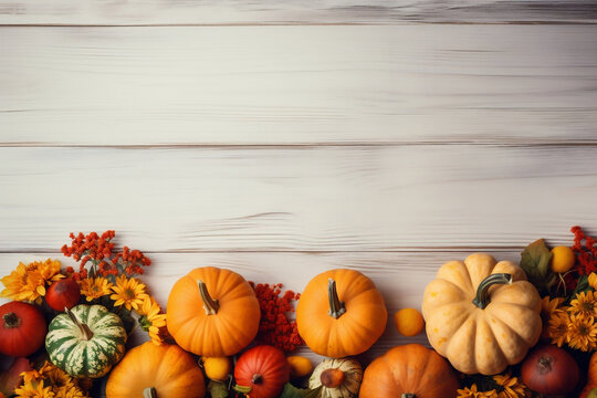 Festive autumn decor from pumpkins berries and leaves on white rustic background, copy space
