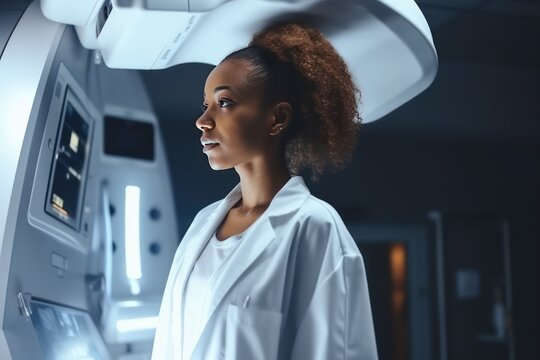 Hospital Radiology Room: Beautiful Multiethnic Woman Standing in Medical Gown in the X-Ray Machine.