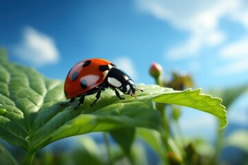 Close up Shot of Ladybug on Green Leaf Blue Sky Background. Generative Ai