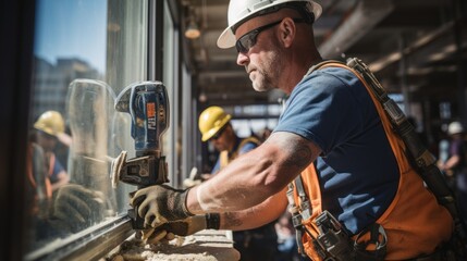 Construction Worker Using Drill To Install Window