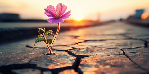 Pink flower growing on crack street sunset background  - Powered by Adobe