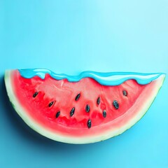 Melting watermelon slice on blue background with space for text. Creative summer composition