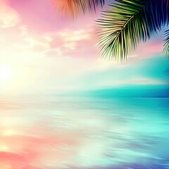 summer sea with leaves palm at sunset and copy space,sky relaxing concept ,beautiful tropical background for travel landscape ,watercolor digital painting style