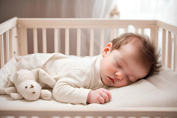 An infant, in his crib, sleeping peacefully.