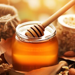 Wooden spoon inside a jar of honey with nuts and a bowl of cereal on autumn leaves blurry background
