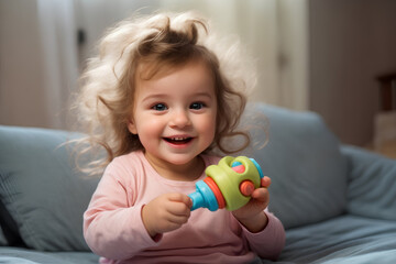 A small smiling child is playing with his rattle toy. - obrazy, fototapety, plakaty