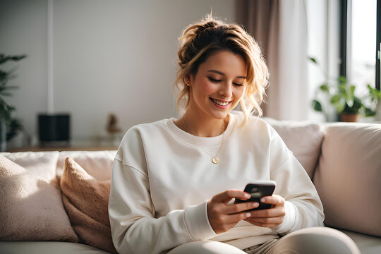 A smiling girl is sitting on the sofa with a phone in her hands.