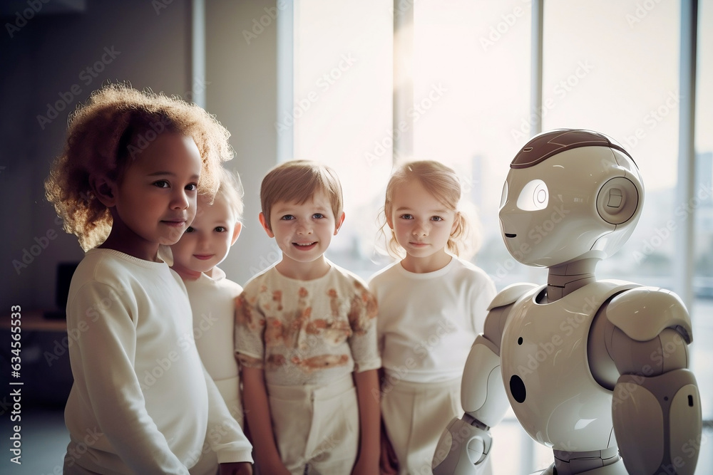 Wall mural small children with artificial intelligence android robots.