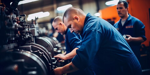 Workers inspecting and maintaining machinery in an industrial maintenance workshop Generative Ai