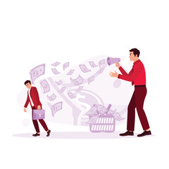 Boss using megaphone yelling at his employees by spouting dollar bills, Manager with a megaphone. Trend Modern vector flat illustration
