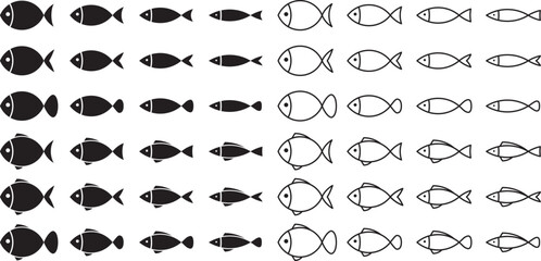 Fototapeta premium モノクロの魚アイコンのベクターイラストセット