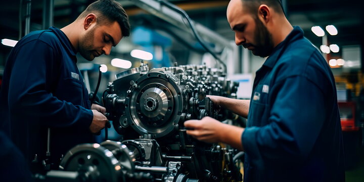 Workers inspecting and maintaining machinery in an industrial maintenance workshop Generative Ai