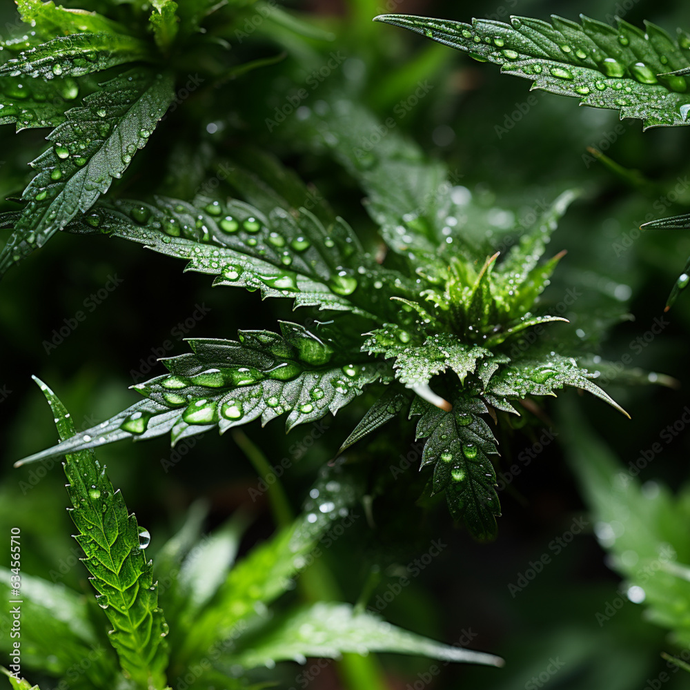 Fototapete a macro image of cannabis leaves with visible trichomes and bright green hues. pattern for tiles. ge