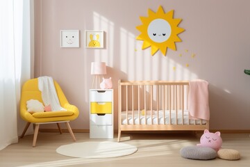 Modern baby room, wooden detail, cradle and crib, pink chair, cabinet, toy yellow sun