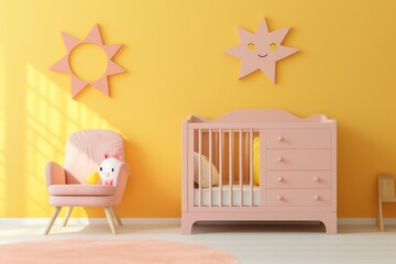 Modern baby room, wooden detail, cradle and crib, pink chair, cabinet, toy yellow sun