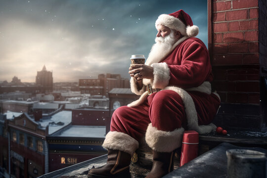 Santa sitting on the roof with a mug of hot coffee, beautiful photorealistic illustration generated by Ai