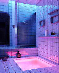 This futuristic bathroom features glowing neon lights, smart home technology, and walls of vibrant tiles that create an inviting atmosphere to enjoy a relaxing shower or bath