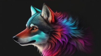 A colorful wolf with a black background by Generative AI