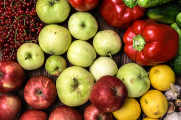 Bio organic vegetable and fruit on farmer market. Food background with assortment of fresh organic fruit and vegetables.