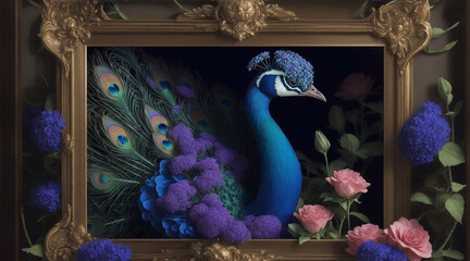 A peacock is framed in a frame of flowers by Generative AI