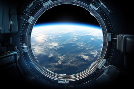 Porthole of space station and space ship in the outer space