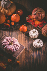 Autumn or fall harvest concept with pumpkins and vintage books