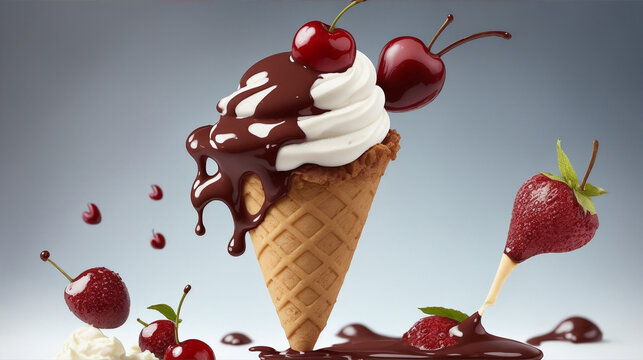 Delicious picture ice cream cone with a chocolate and flying cherry by Generative AI