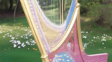 Obraz premium Harp being played by a unrecognizable person by Generative AI