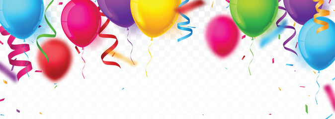 Birthday and celebration banner with colorful balloons and confetti  - 634567164