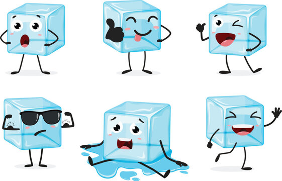 Cool ice cube character set, isolated on white background	