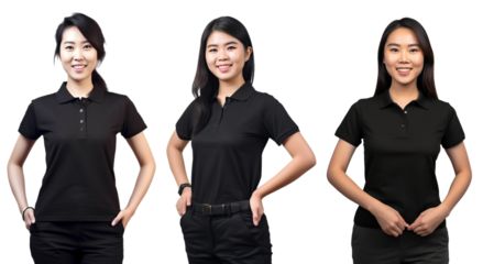 asian Woman wearing black polo shirt. blank polo shirt for design mock up isolated on transparent background.