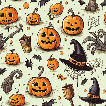 Seamless pattern with Halloween story, hand drawng styles hat witch broom pumpkin spider cross, grave, cobweb.