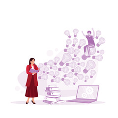 The flow of creative ideas, inspiration, and insight concepts. Woman holding a book with her excellent imagination. Trend Modern vector flat illustration