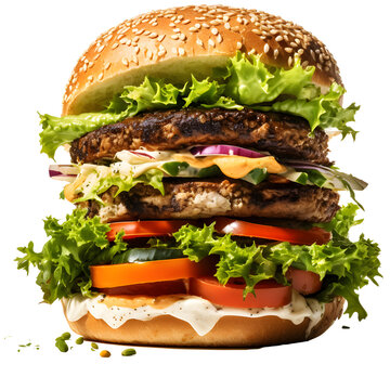 A large, multi-layered, thick burger on a transparent background.