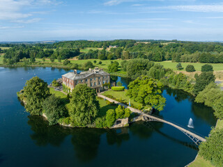 Wakefield, Walton Hall island and lake at Waterton Park in Wakefield West Yorkshire. Aerial view of...