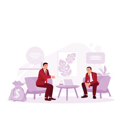 Entrepreneurs sit together to solve problems. Bankers tell clients about the bank's services making recommendations and consulting. Trend Modern vector flat illustration