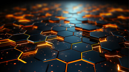 Obraz premium Abstract geometric, hexagonal, technology background, hi tech, futuristic, orange light.