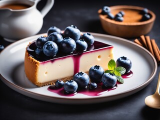 a piece of cheesecake with blueberries and a mint leaf on top of it on a plate