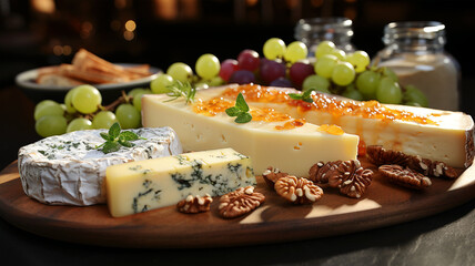 Cheese plate, a traditional Italian appetizer, with walnuts and grapes, harvested