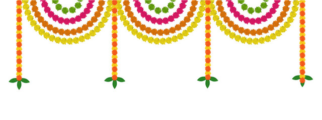 Traditional indian marigold  floral garland vector,wedding and festival decoration,border flower decoration with transparent background