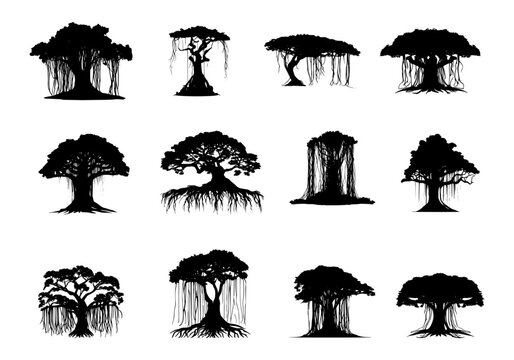 set of banyan tree silhouettes on isolated background
