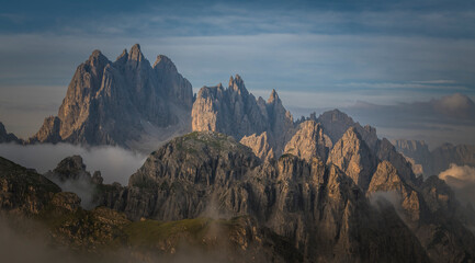 Amazing morning view on the sharp mountain peaks of Cadini di Misurina mountain range in the...