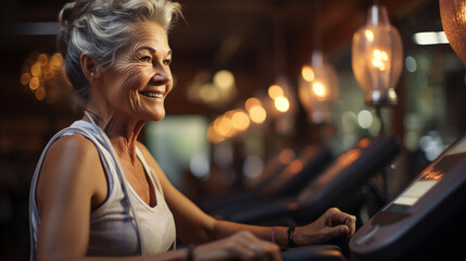 Fototapeta na wymiar Older woman exercising in gym. Generative Ai