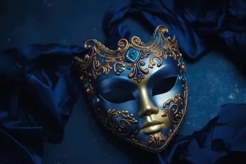 Fototapeten Festive Venetian carnival mask with gold decorations on dark blue background. © Lubos Chlubny